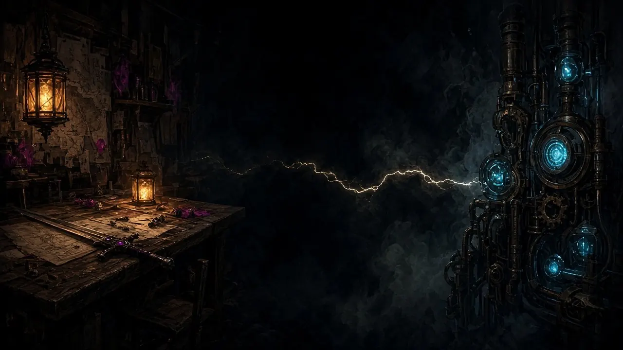 A split world: hand-made game art on one side, machine circuitry on the other
