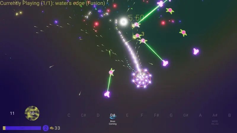 Symphorix gameplay: neon projectiles firing into a swarm of note-born enemies